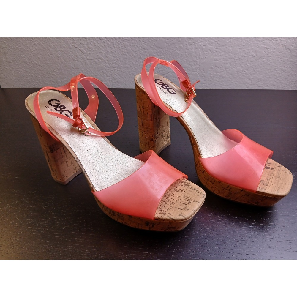 GBG Los Angeles GGQUEEN Pink Jelly Cork Platform Block Heel Sandals Womens 9.5 M